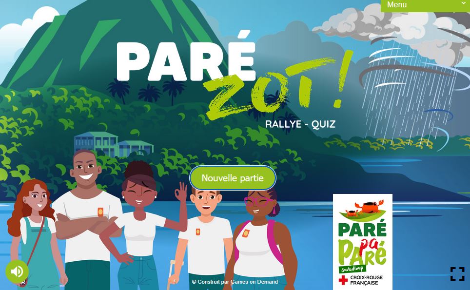 image de démarrage du jeu Paré Zot. 4 personnages devant la Soufrière de Guadeloupe.